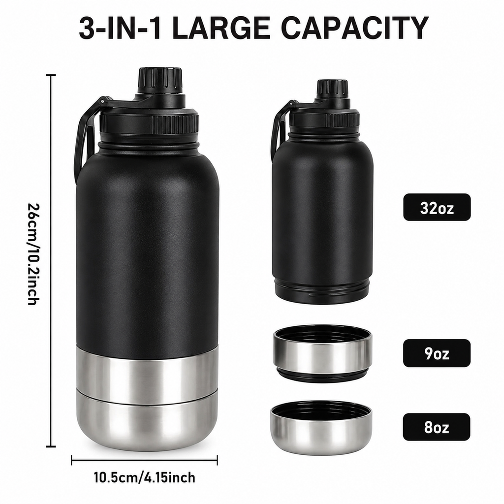 3-in-1 Insulated Dog Water Bottle – Portable Pet Travel Bottle with Food & Water Bowls, Leakproof & BPA-Free