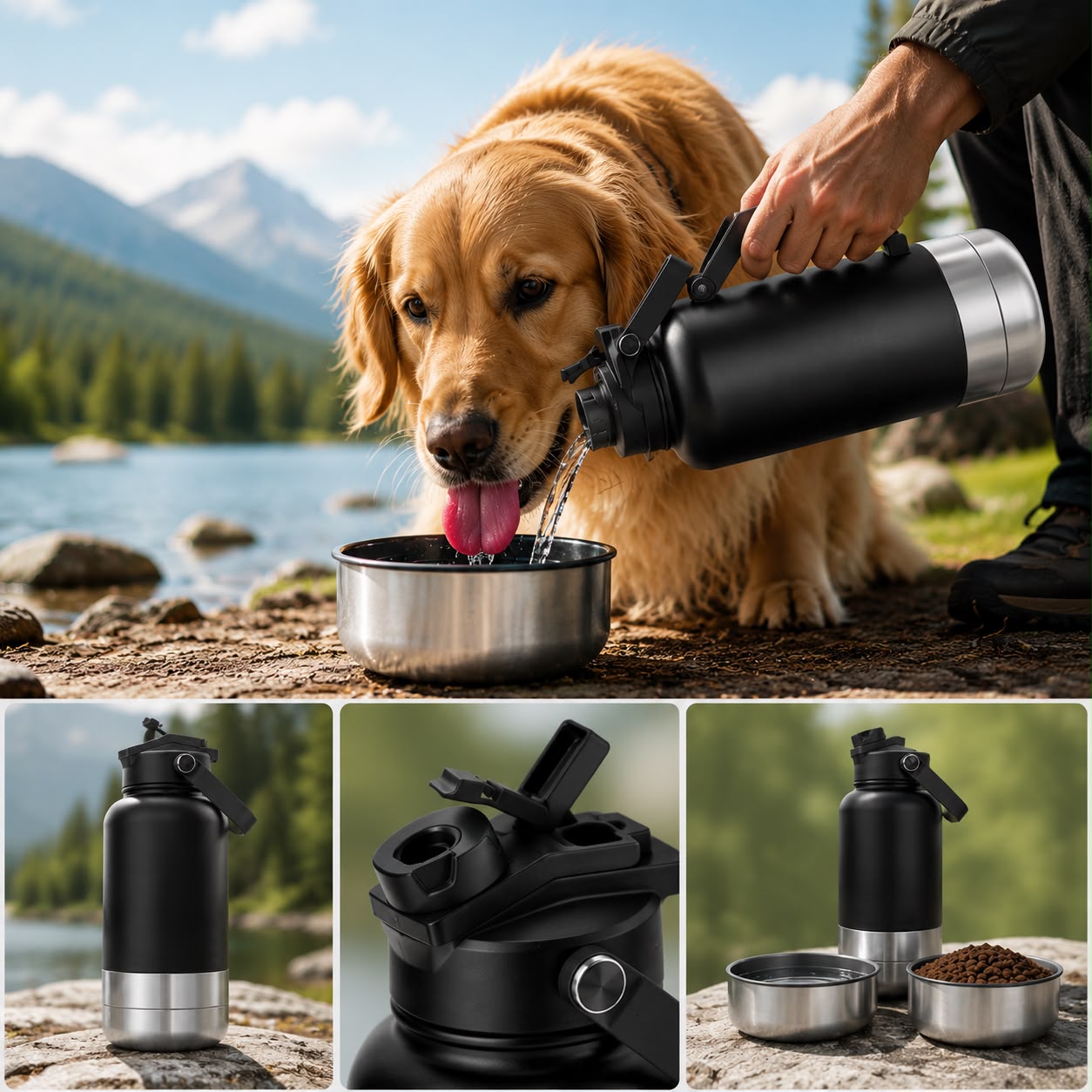 3-in-1 Insulated Dog Water Bottle – Portable Pet Travel Bottle with Food & Water Bowls, Leakproof & BPA-Free
