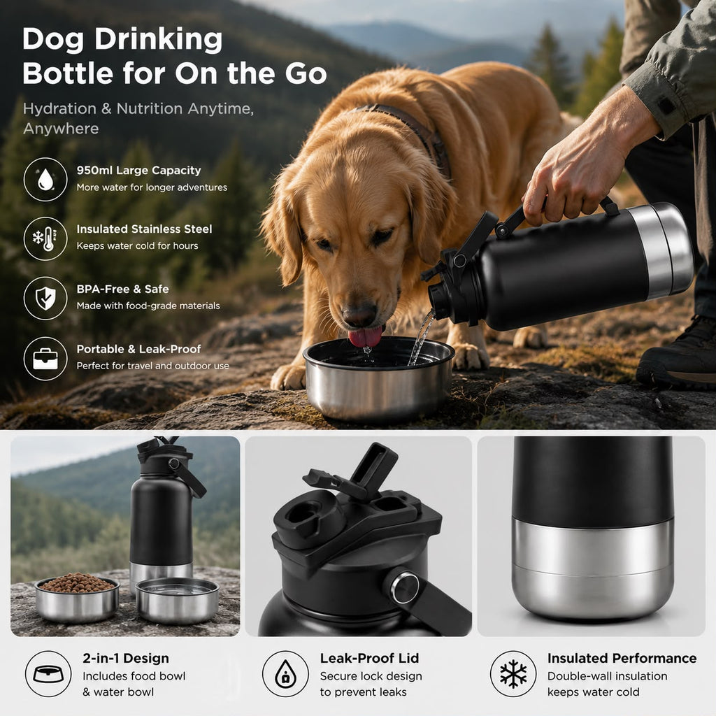 3-in-1 Insulated Dog Water Bottle – Portable Pet Travel Bottle with Food & Water Bowls, Leakproof & BPA-Free