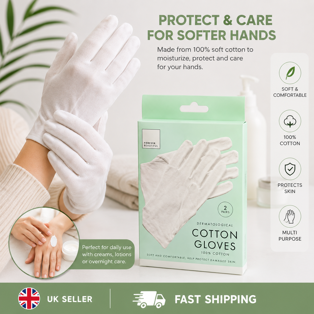 100% Cotton Moisturizing Gloves – Soft Overnight Hand Care Gloves (2 Pairs)
