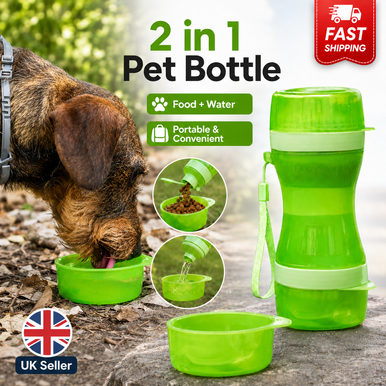 2 in 1 Portable Pet Water Bottle & Food Container Travel Dog Cat Drinking Bowl