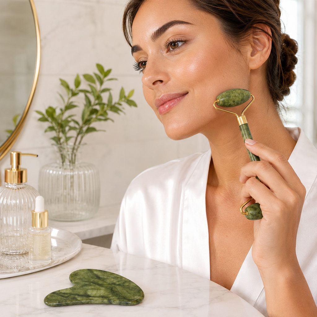 Natural Jade Roller & Gua Sha Set – Facial Massage Tools for Skin Care, Face Lifting & Depuffing