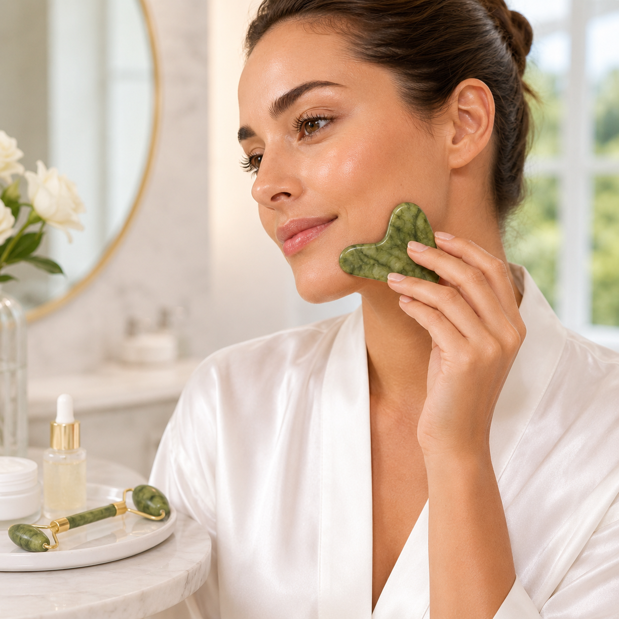 Natural Jade Roller & Gua Sha Set – Facial Massage Tools for Skin Care, Face Lifting & Depuffing