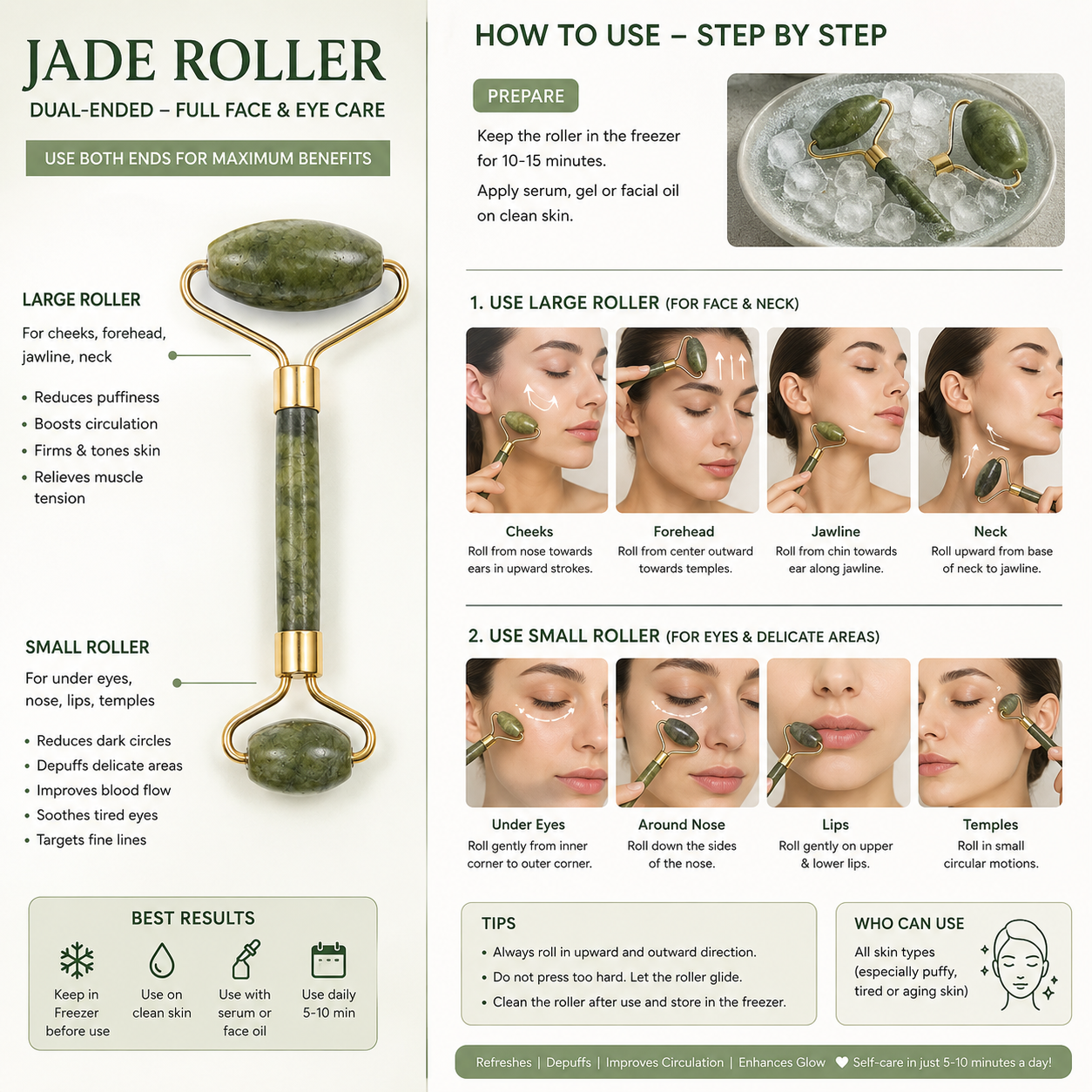 Natural Jade Roller & Gua Sha Set – Facial Massage Tools for Skin Care, Face Lifting & Depuffing