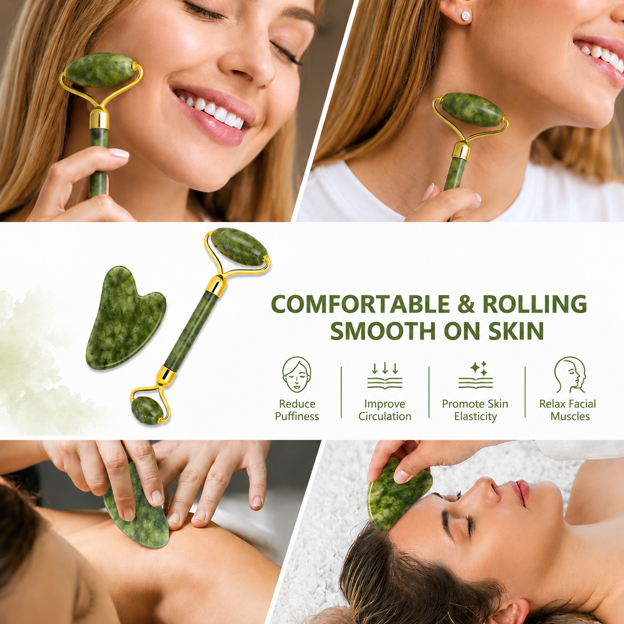 Natural Jade Roller & Gua Sha Set – Facial Massage Tools for Skin Care, Face Lifting & Depuffing