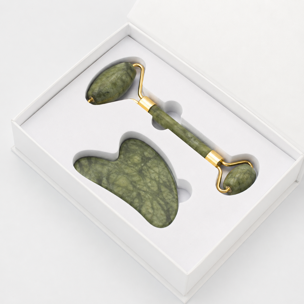 Natural Jade Roller & Gua Sha Set – Facial Massage Tools for Skin Care, Face Lifting & Depuffing