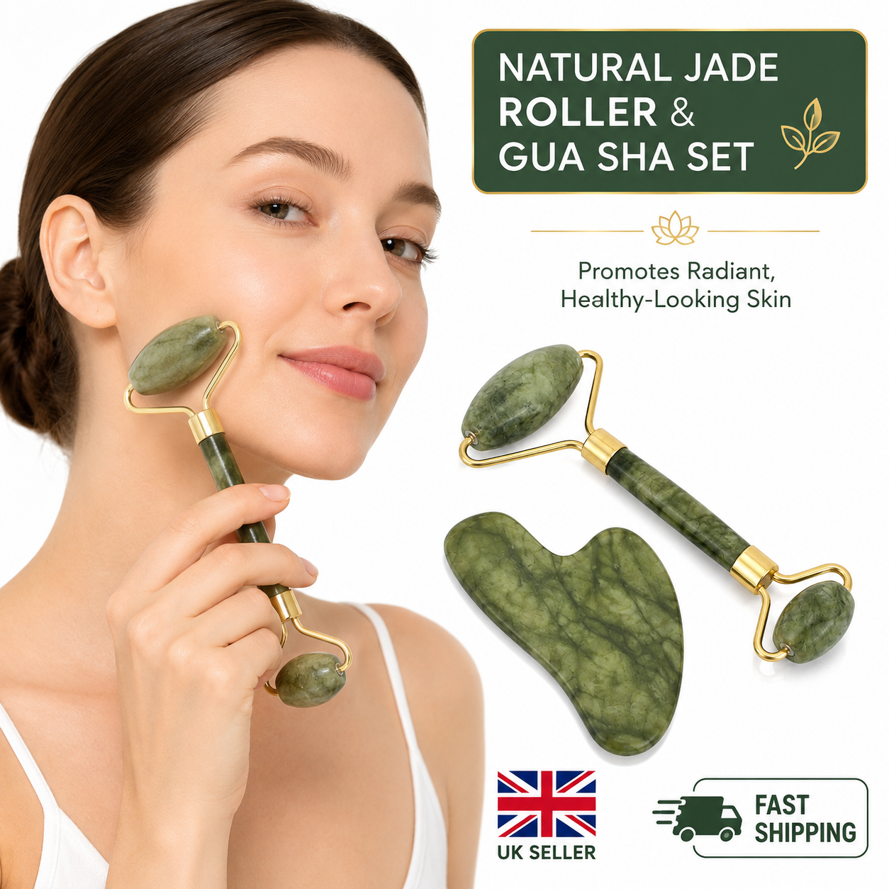 Natural Jade Roller & Gua Sha Set – Facial Massage Tools for Skin Care, Face Lifting & Depuffing
