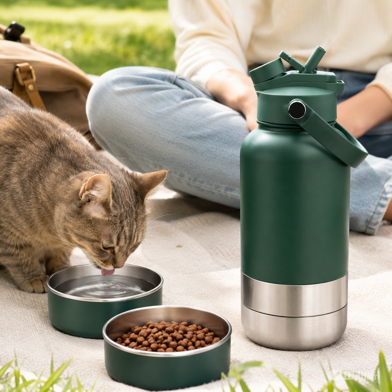 3-in-1 Insulated Pet Water Bottle – Portable Dog Travel Water Bottle with Detachable Food & Water Bowls