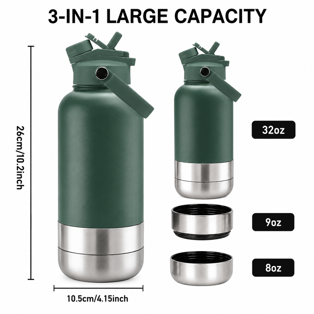 3-in-1 Insulated Pet Water Bottle – Portable Dog Travel Water Bottle with Detachable Food & Water Bowls