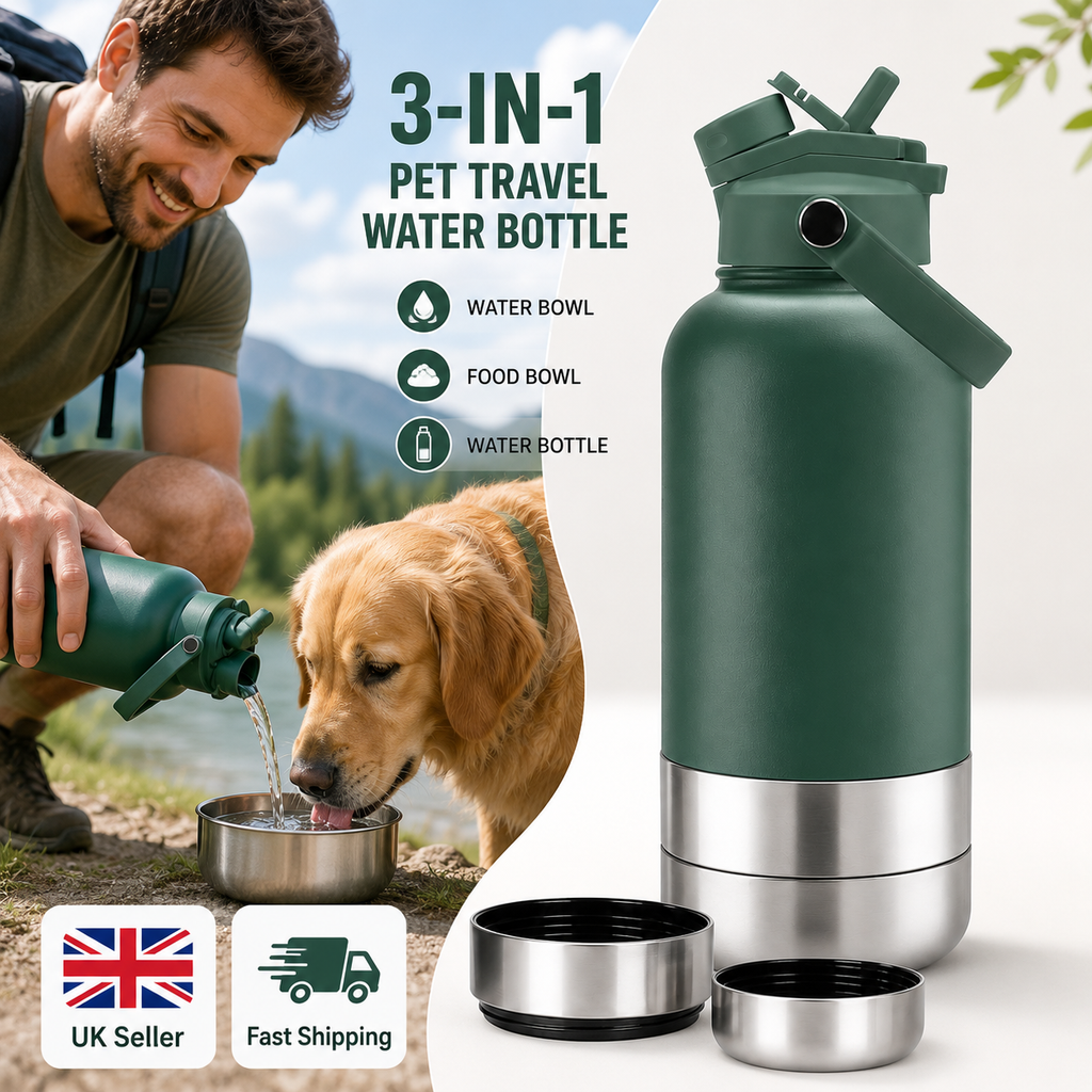 3-in-1 Insulated Pet Water Bottle – Portable Dog Travel Water Bottle with Detachable Food & Water Bowls