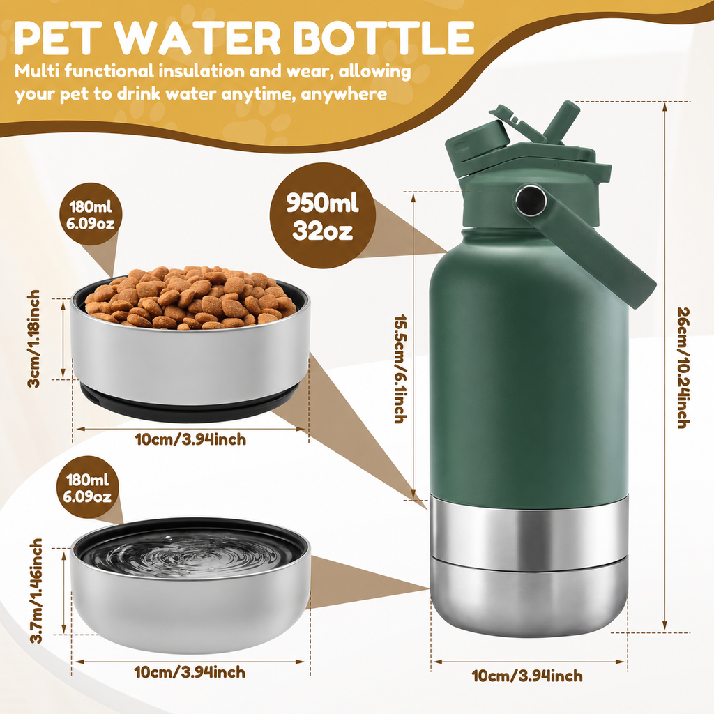 3-in-1 Insulated Pet Water Bottle – Portable Dog Travel Water Bottle with Detachable Food & Water Bowls