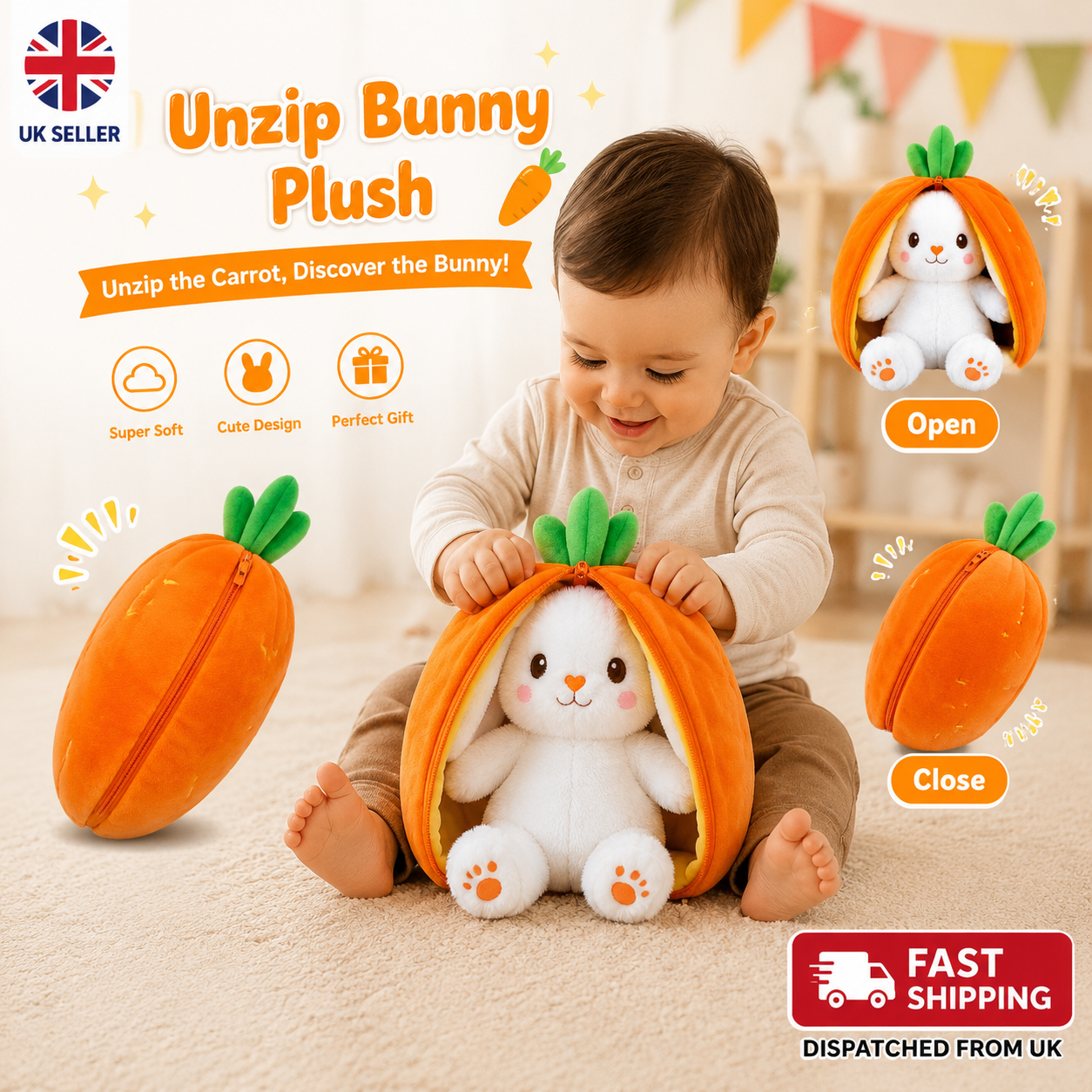 Easter Bunny Stuffed Animal, Carrot Bunny Plush Turn Into Rabbit Fruit Doll