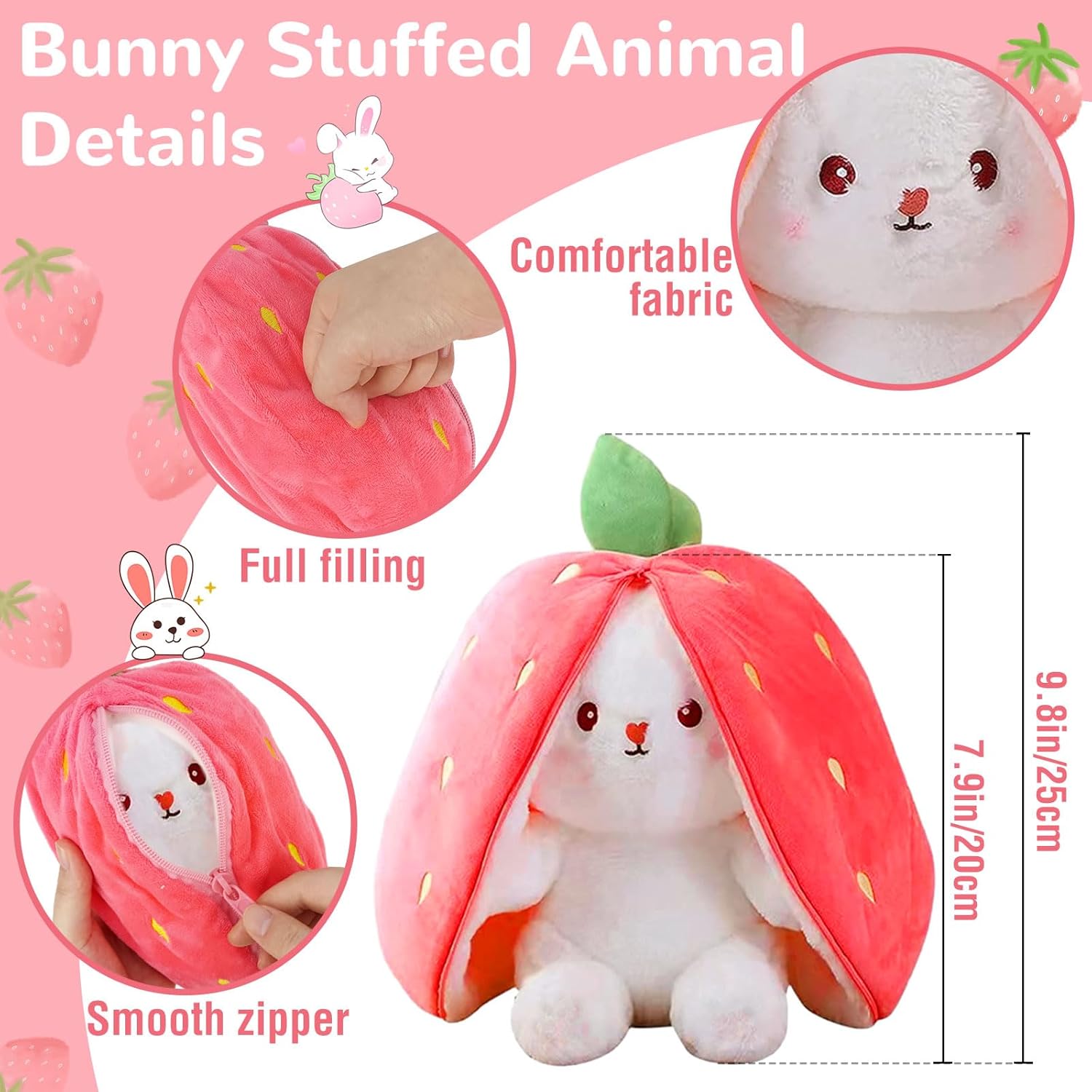 Unzip Bunny Plush Strawberry – 2-in-1 Soft Stuffed Bunny Hidden Inside Strawberry Plush Toy