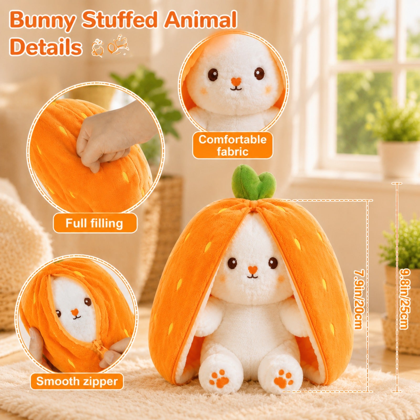 Easter Bunny Stuffed Animal, Carrot Bunny Plush Turn Into Rabbit Fruit Doll