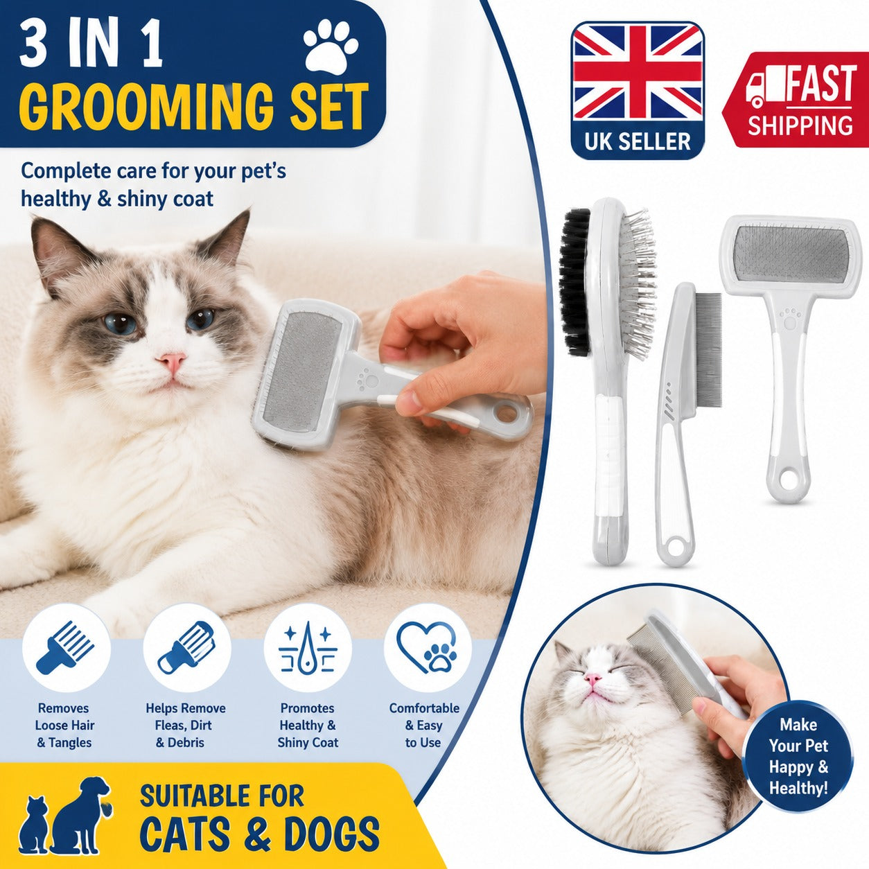 3-in-1 Pet Grooming Set – Pin & Bristle Brush, Flea Comb & Slicker Brush