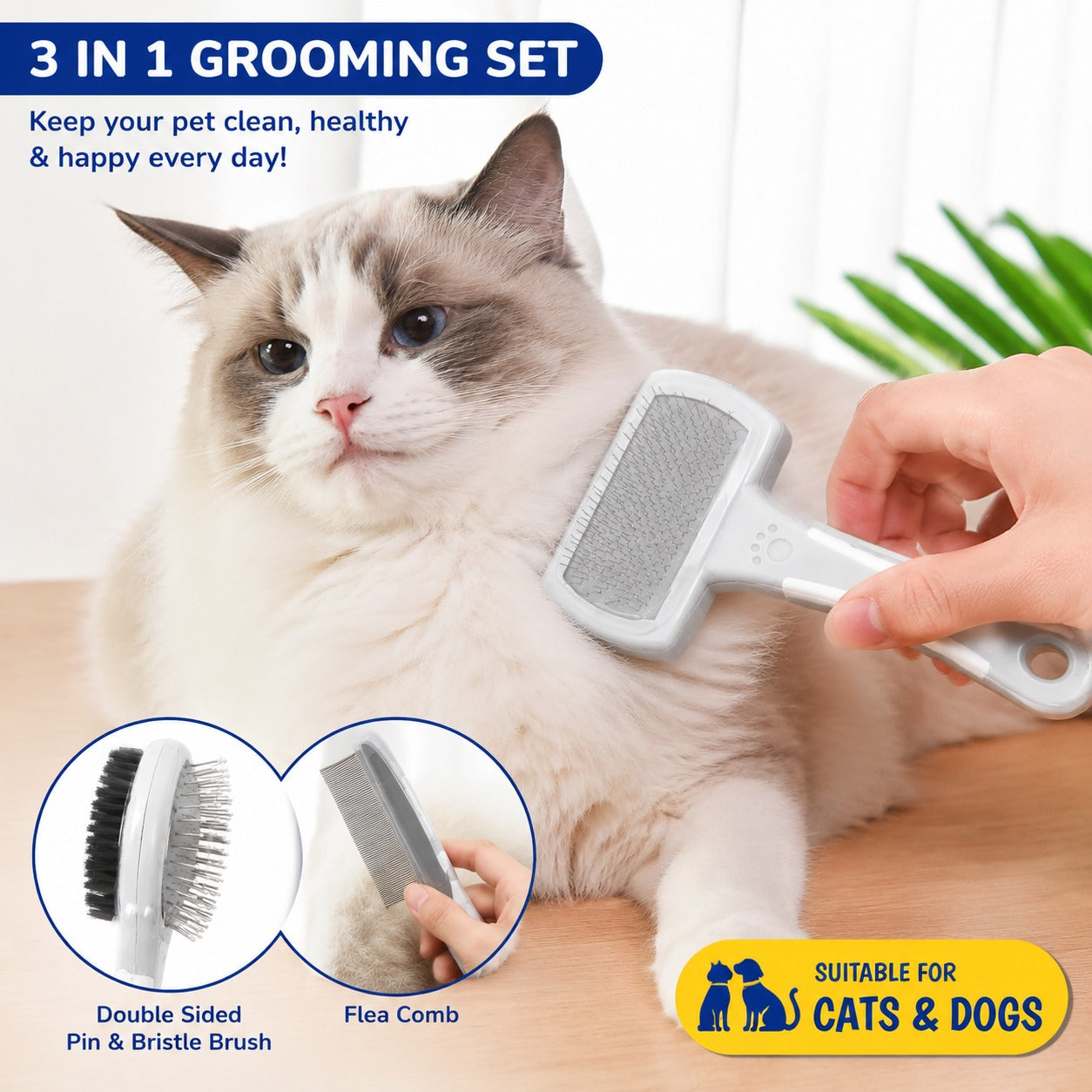 3-in-1 Pet Grooming Set – Pin & Bristle Brush, Flea Comb & Slicker Brush
