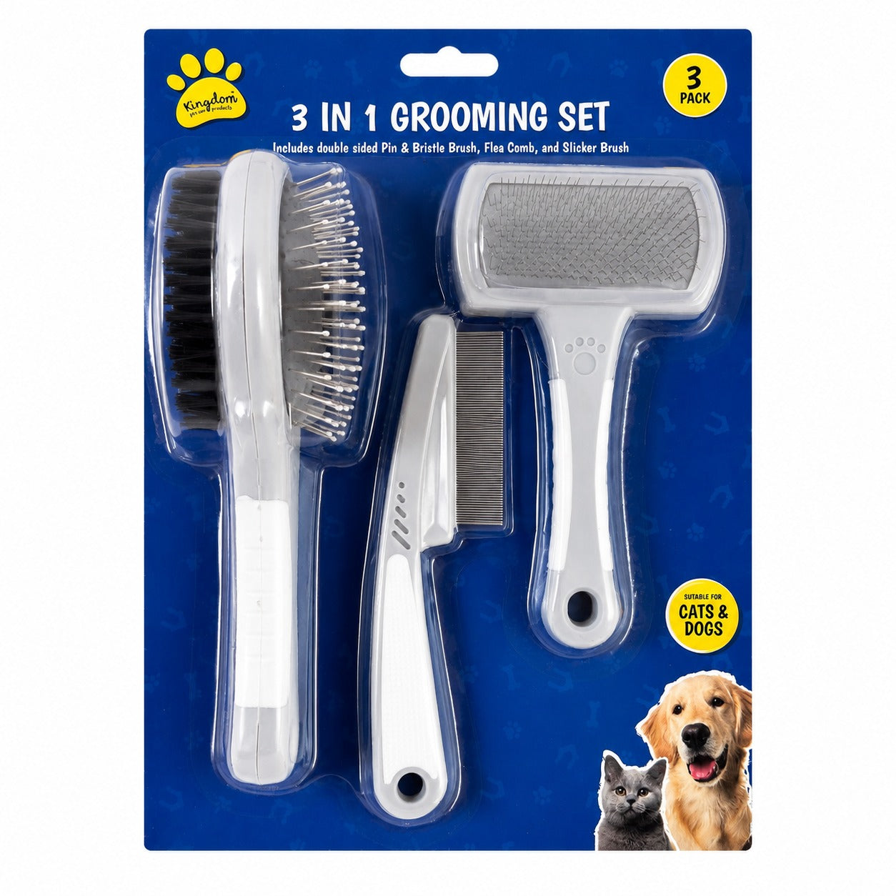 3-in-1 Pet Grooming Set – Pin & Bristle Brush, Flea Comb & Slicker Brush