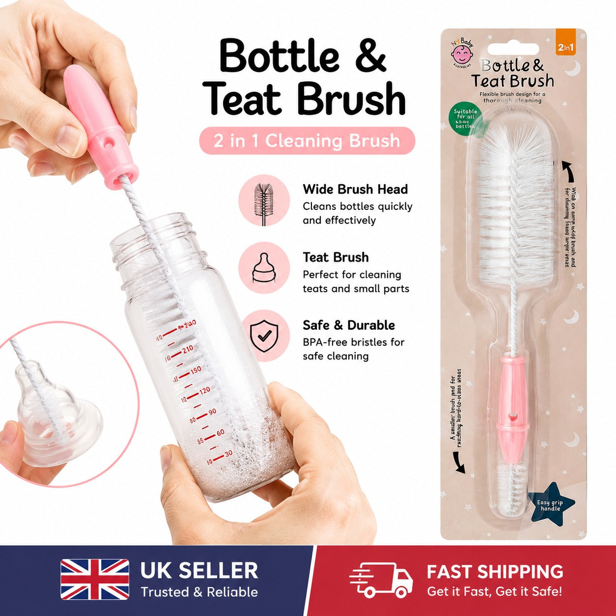 Ivy Baby 2-in-1 Bottle & Teat Brush – Flexible Cleaning Brush for Baby Bottles