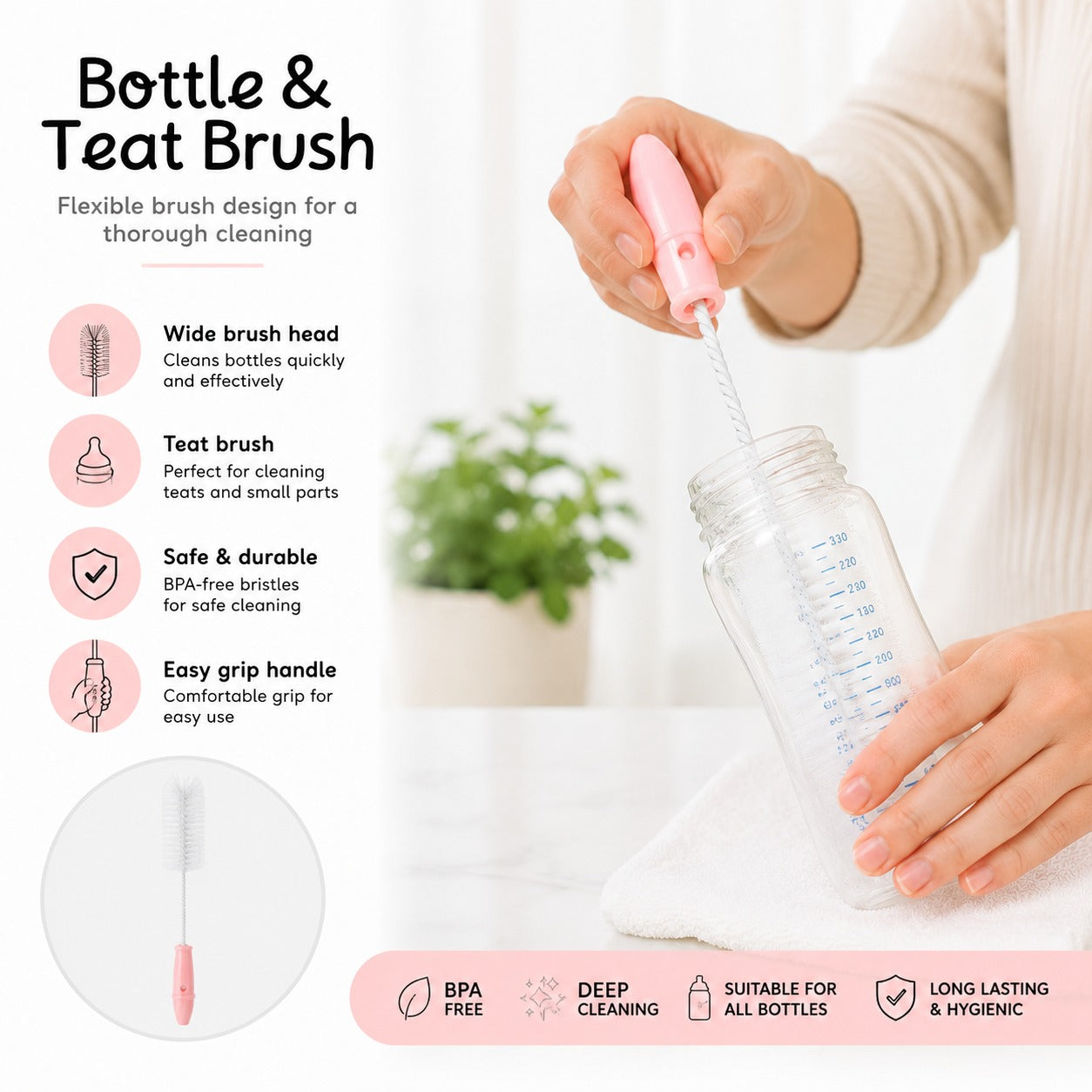 Ivy Baby 2-in-1 Bottle & Teat Brush – Flexible Cleaning Brush for Baby Bottles