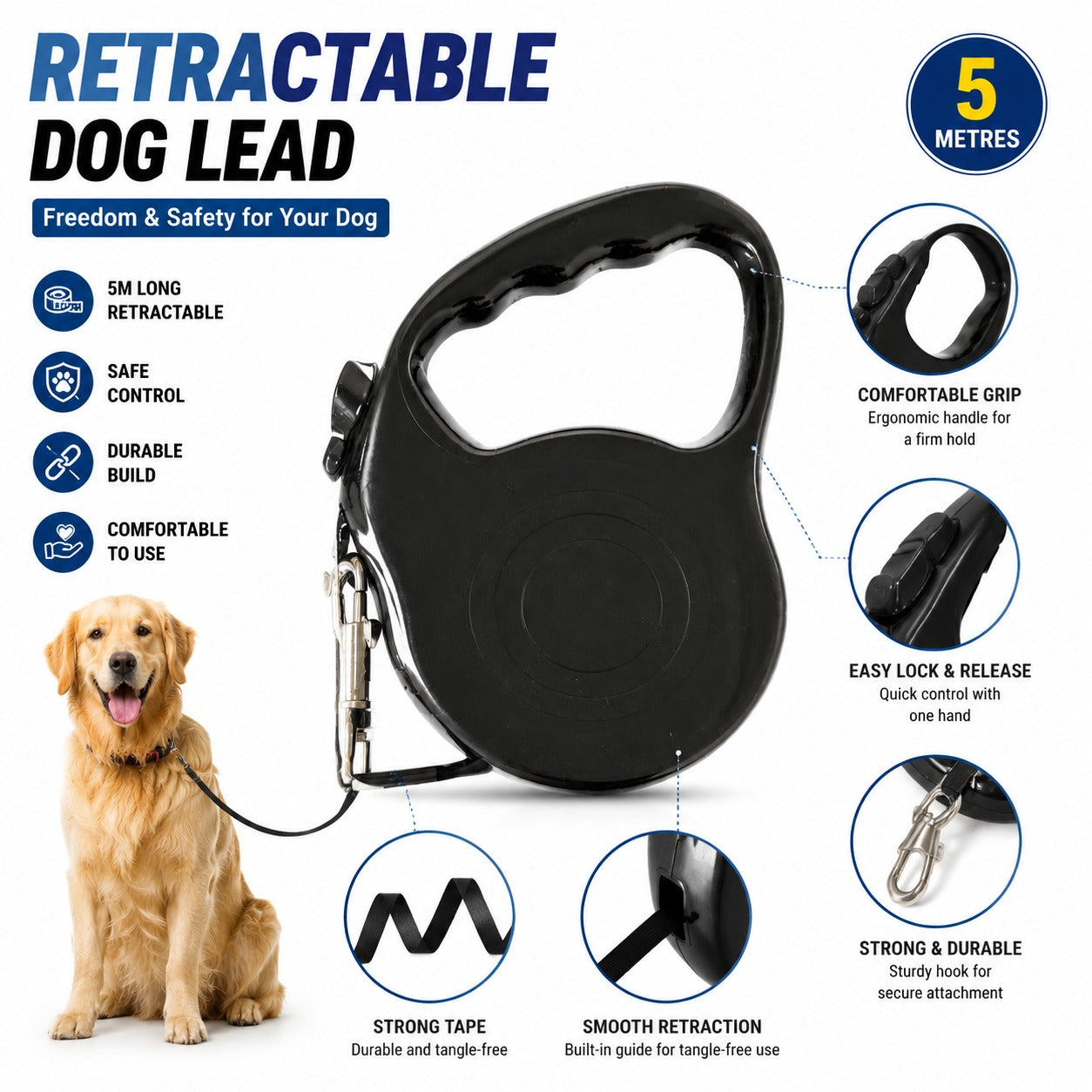 Kingdom Retractable Dog Lead – 5 Metres, Stop, Lock & Release Buttons