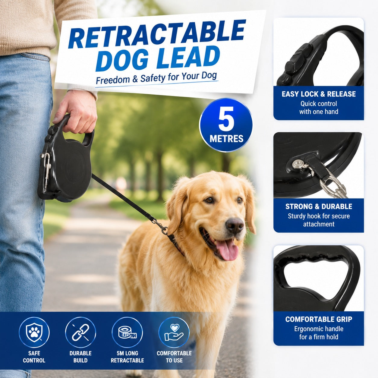 Kingdom Retractable Dog Lead – 5 Metres, Stop, Lock & Release Buttons