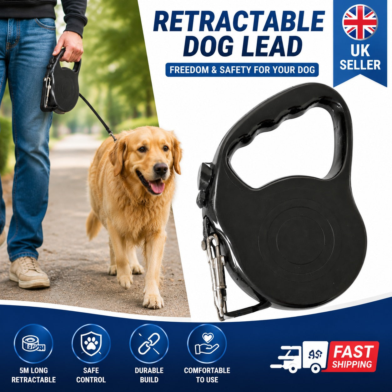 Kingdom Retractable Dog Lead – 5 Metres, Stop, Lock & Release Buttons