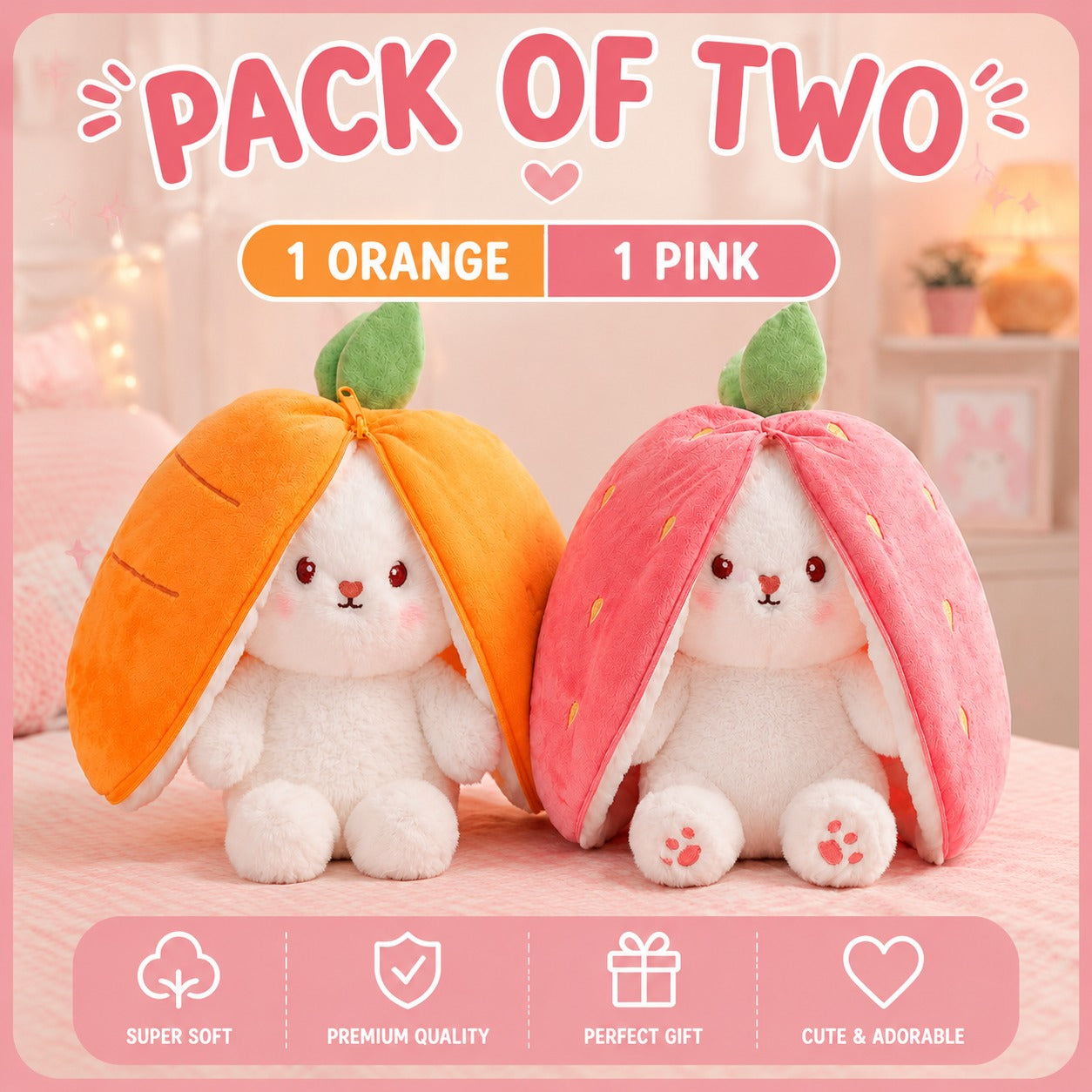 2 Pack Unzip Bunny Plush – Orange & Pink